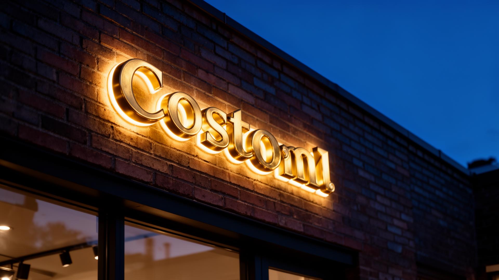 Warm gold halo-lit dimensional letters glowing on a brick storefront at dusk