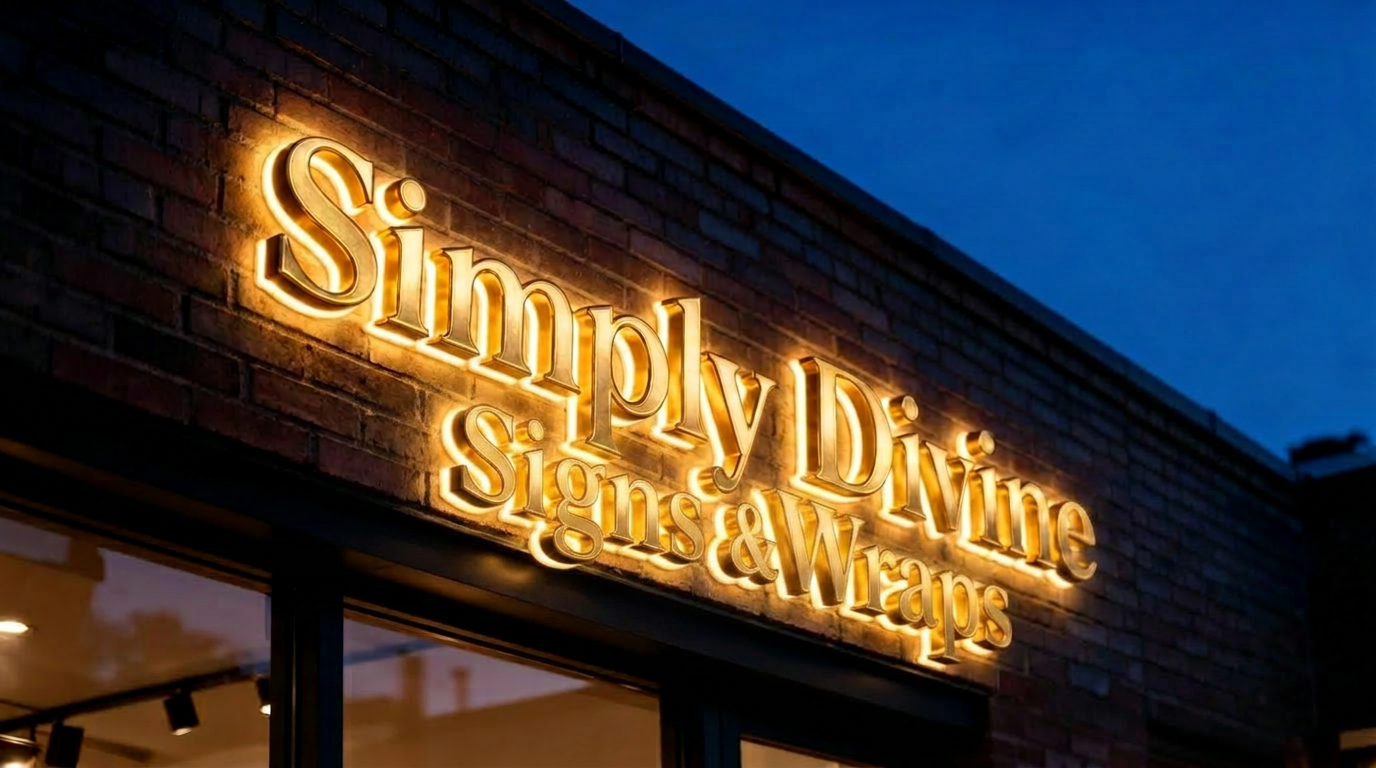Warm gold halo-lit dimensional letters glowing on a brick storefront at dusk
