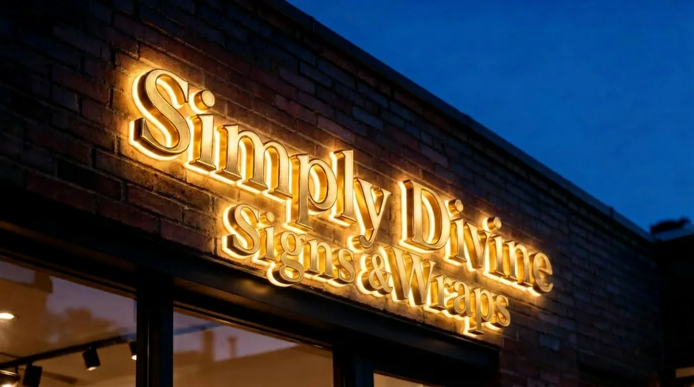 Warm gold halo-lit dimensional letters glowing on a brick storefront at dusk